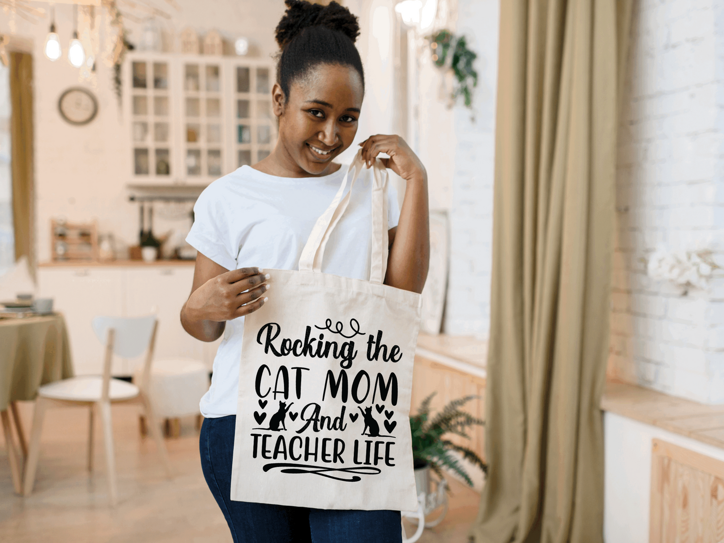 Tote Bag Personnalisable Rocking Cat Mom & Teacher Life